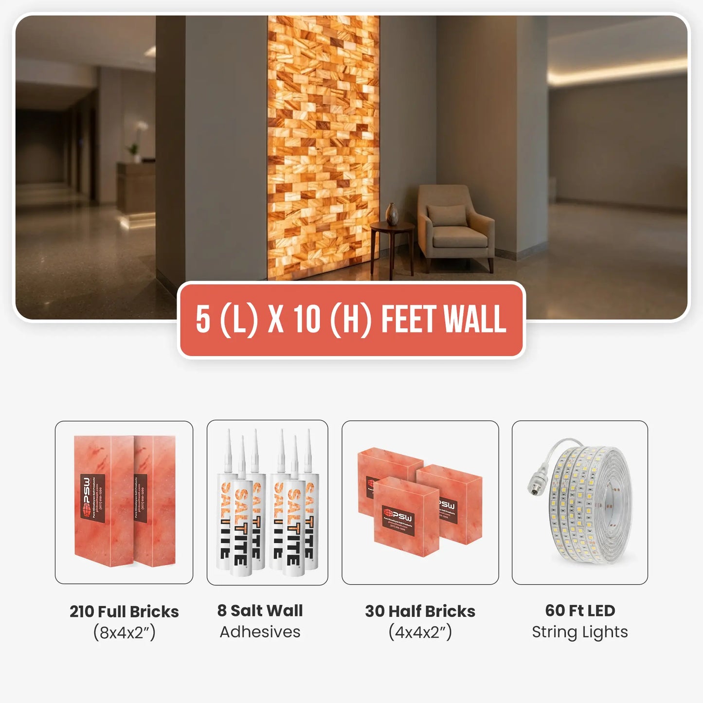 Himalayan Salt Brick Wall Kit 5x10 Ft (50 Sq Ft)