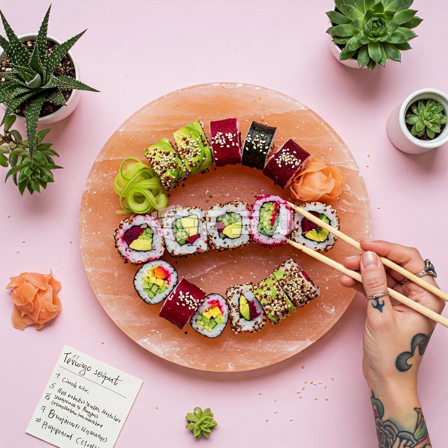 Pink Himalayan salt block plate for serving sushi, appitizers, and fresh food.