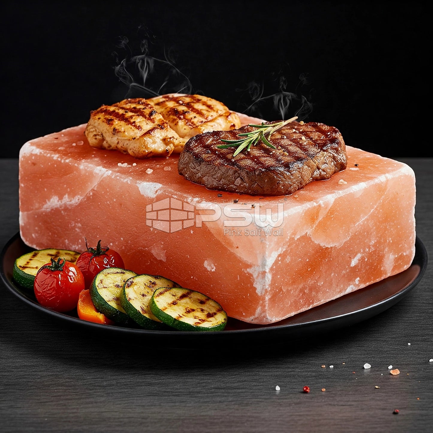 Pink salt slab displaying freshly grilled food for serving