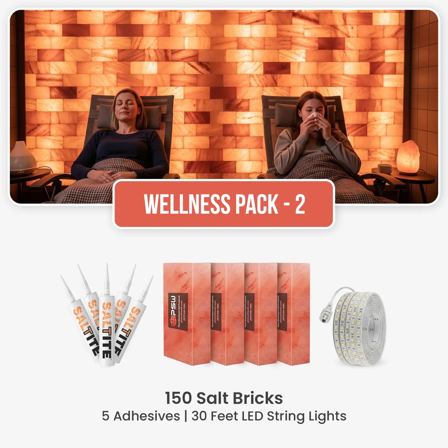Wellness Kit: 150 Salt Bricks with 5 Saltite Adhesives & 30ft LED String Lights