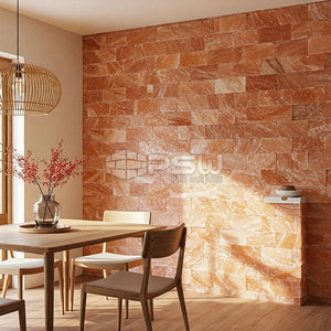Warm salt wall adds a calming focal point to this dining area.