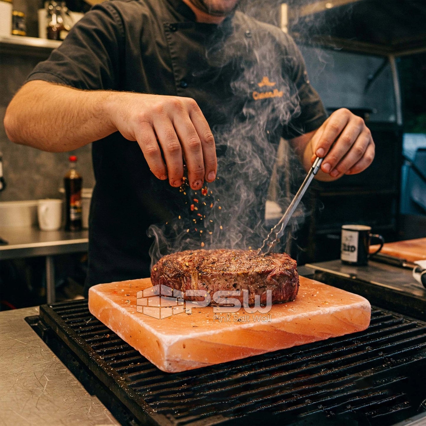 Himalayan salt plate for grilling and serving seafood and vegetables