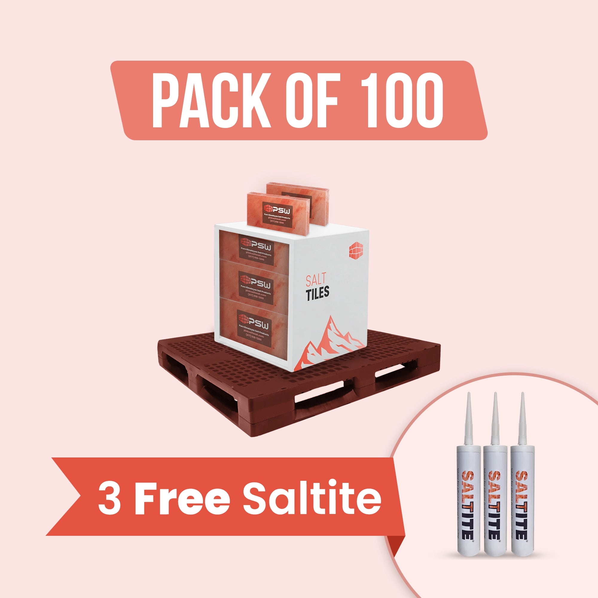 Himalayan Pink Salt Tiles 8" x 4" x 1"- Pack of 100 with 3 free Saltite