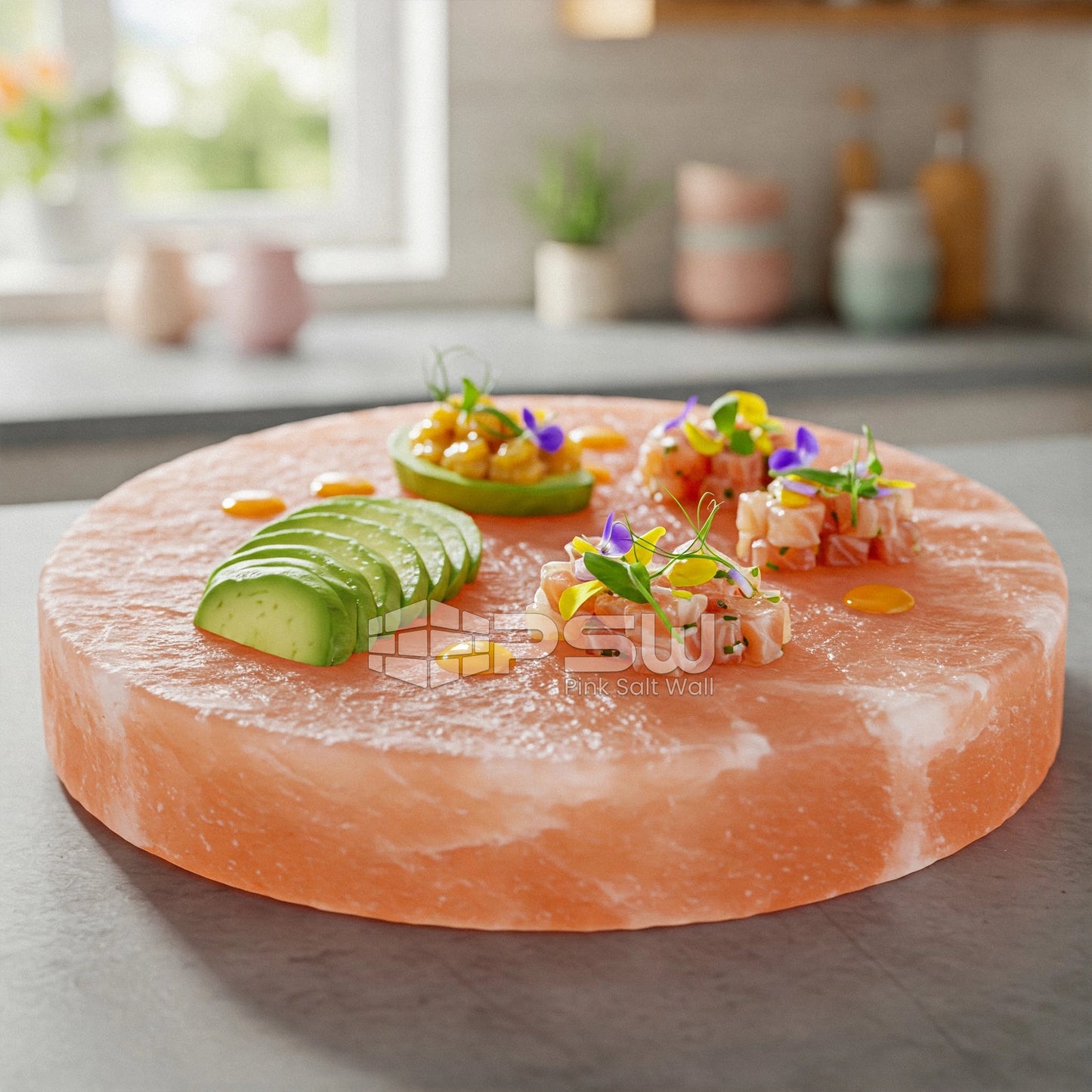 Round pink salt slab for cooking meat, seafood, and vegetables