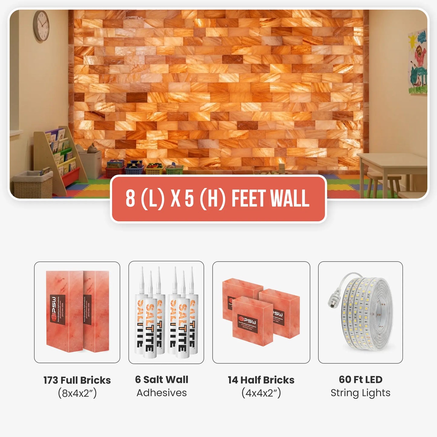 Himalayan Salt Brick Wall Kit for (8x5 Ft)