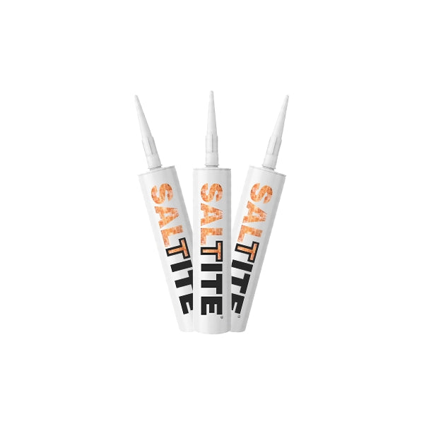 Three white squeeze tubes of Saltite sealant with orange and black lettering, arranged in a fan shape on a plain white background.