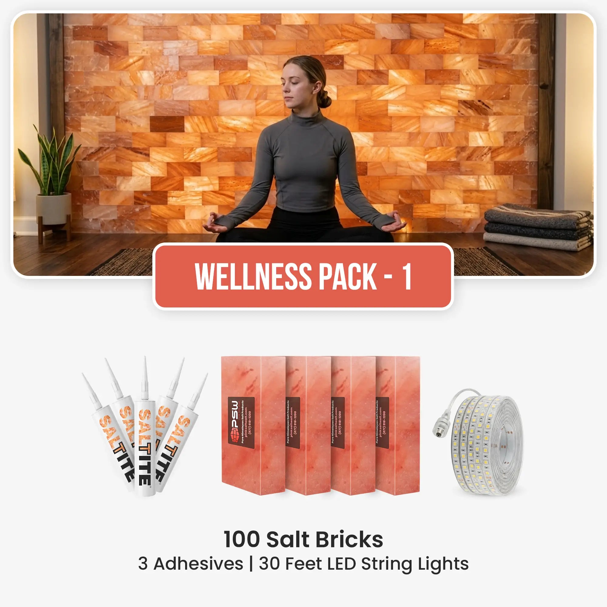 100 salt bricks wellness kit with 3 Saltite and 30-ft LED string lights.