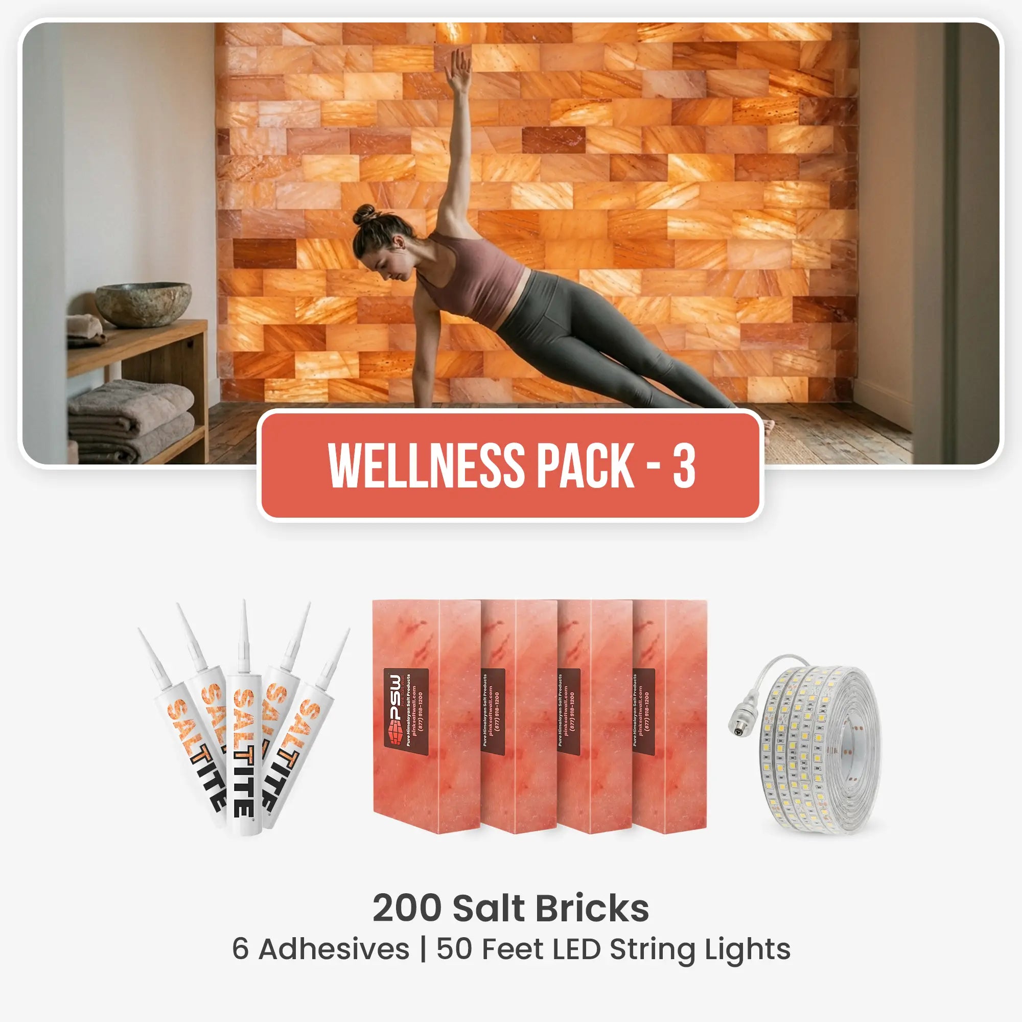 200 salt bricks, wellness kit with 6 Saltite and 50-ft LED string lights.