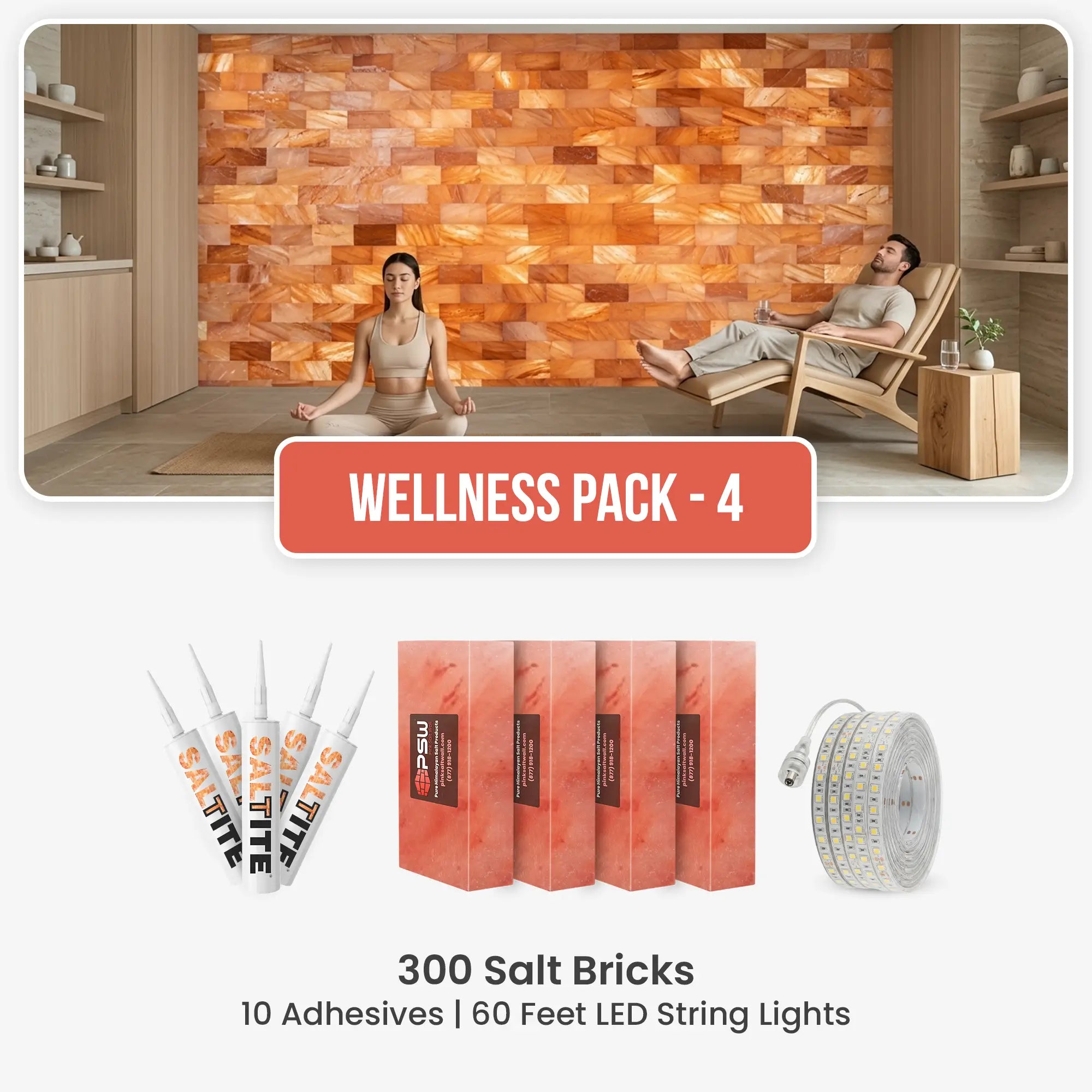 300 salt bricks, 10 adhesive, 60 feet LED string lights