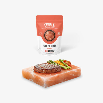 Himalayan salt cooking slab with coarse grain Himalayan pink salt for seasoning grilled foods