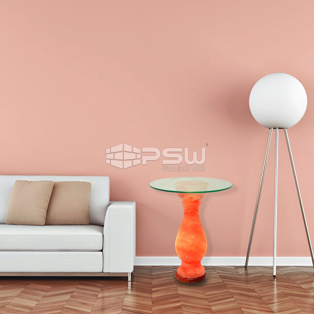 Himalayan pink salt coffee table with round glass
