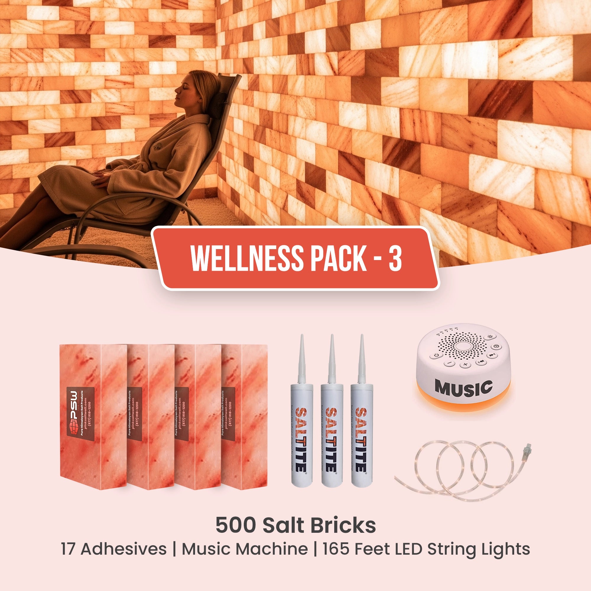 Wellness Pack 3: 500 Salt Bricks, 17 Adhesives, 165 feet LED light string & Music Machine
