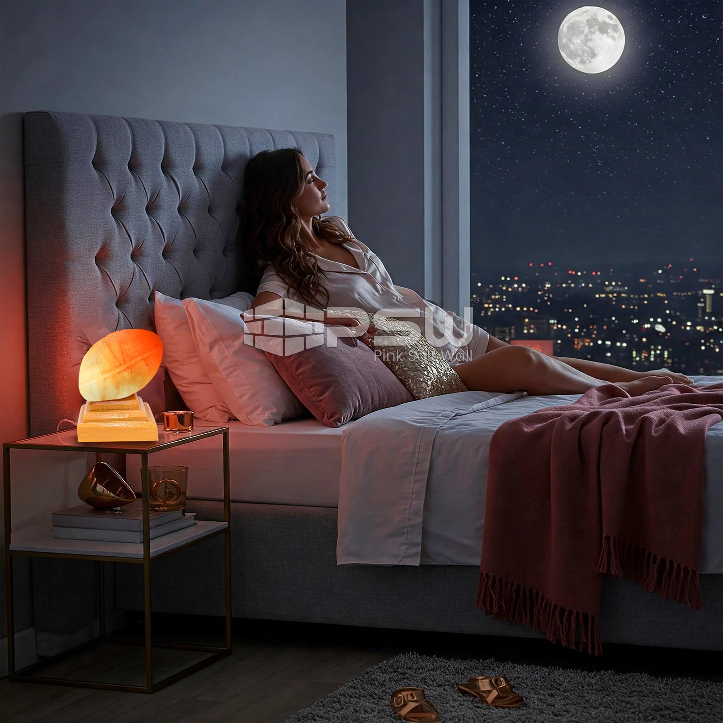 pink salt lamp for relaxing environment in bedroom